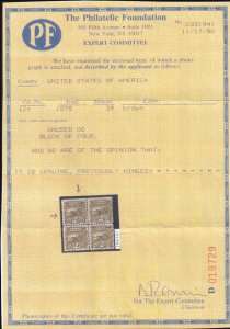 US #124 Unused OGph, Single,  With Cert.  VF (80)