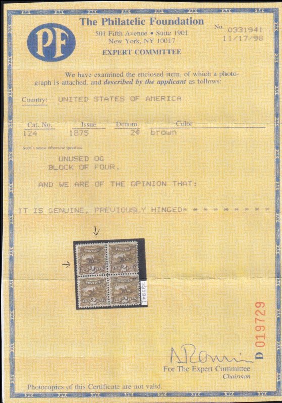 US #124 Unused OGph, Single,  With Cert.  VF (80)
