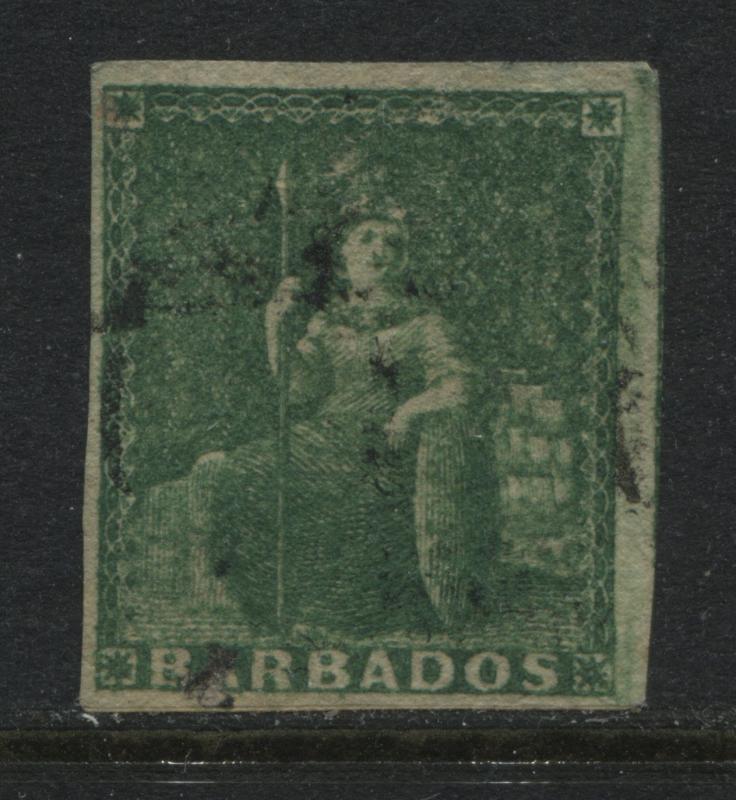 Barbados 1858 (1/2d) deep green used. (JD)