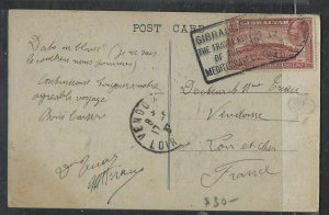 GIBRALTAR (P0304B) 1932 KGV 1 1/2D ON B/W  PPC TO FRANCE 