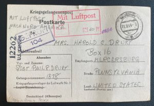 1944 Germany Luftwaffe 3 Camp Prisoner of War POW PC Cover to Mercerburg PA