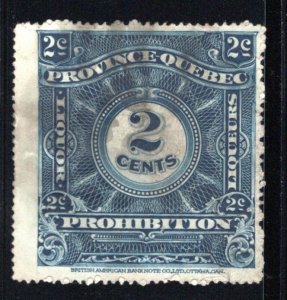 QP2, van Dam, 2c blue, p.12, Used, Quebec Liquor Prohibition Stamp