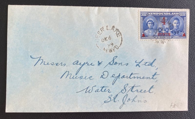 1939 Deer Lake Newfoundland Cover To St Johns Overprinted Stamp