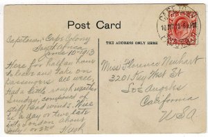 South Africa 1913 Cape Town Paquebot cancel on postcard to the U.S.