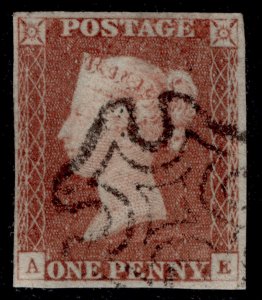 GB QV SG8, 1d red-brown BLACK MX PLATE 22, USED. Cat £60. AE