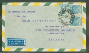 Brazil  Brazil 10 december 1948, 5 reis, 80 cruzieros paying airmail rate to Schwarzenberg, Germany, in the Russian Zone, vertic