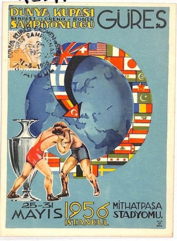 AZ394 1956 Turkey *ISTANBUL* Wrestling Illustration Postcard {samwells}PTS