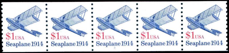 US Scott #2468c, Plate #3 Low Gloss Gum Coil Strip of 5 Seaplane $1 VF MNH 