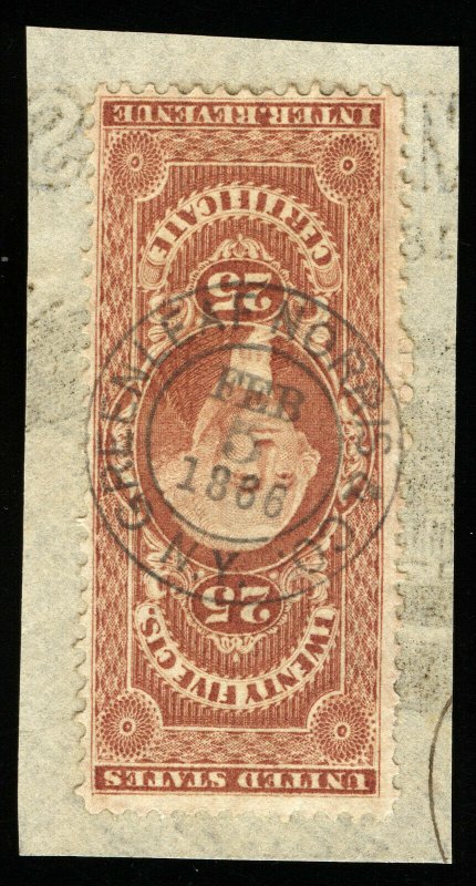 B551 U.S. Revenue Scott R44c 25c Certificate bold 1866 handstamp cancel on piece