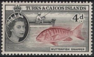 Turks & Caicos 126 (mh) 4p muttonfish snapper, black & dp rose (1957)