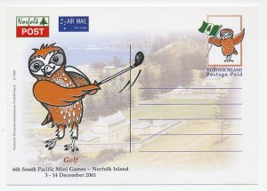 Postal stationery Norfolk Island 2001 Golf - South Pacific Mini Games - Owl