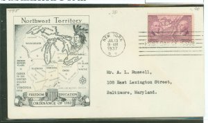 US 795 1937 3c Northwest Territory ordinance on an addressed first day cover with a Gilbert-Historic arts cachet.