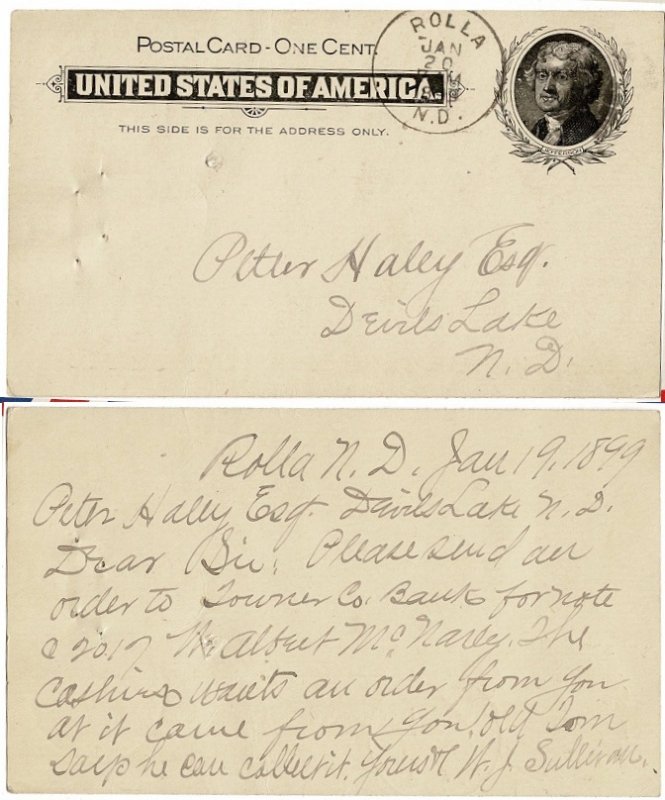 USA 1899 postal card pmk Rolla SD