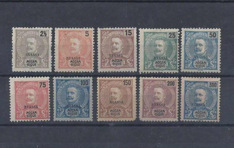 NYASSA 1898 nice lot D. Carlos 10 values MHNG Sc#13-25* YT#14-26* Mozambique