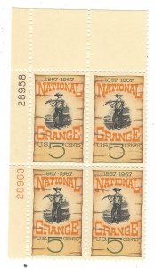 1967 National Grange Plate Block Of 4 5c Postage Stamps, Sc# 1323, MNH, OG