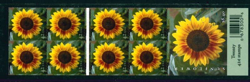 US Scott # 4347 / 4347a Sunflower DS Booklet Pane of 20 MNH
