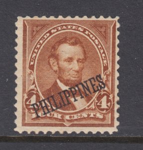 Philippines Sc 220 MLH. 1901 4c orange brown Lincoln with overprint, VLH, F-VF.