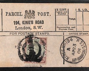 GB Chelsea PARCEL POST LABEL *194 King's Road* 1901 London QV 4d Jubilee QB14