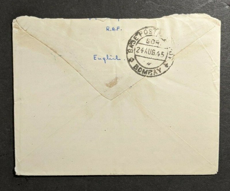 1945 India Bombay to Bangalore Soldier's Free Mail Post #2 Censor Cover & Letter