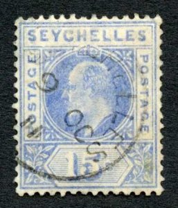 Seychelles SG64a 15c Ultramarine Wmk Mult Crown CA Dented Frame Cat 200 pounds