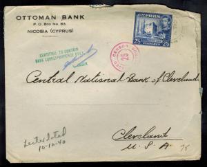 1940 Nicosia Cyprus Ottoman Bank Cover to Cleveland Ohio USA Bank