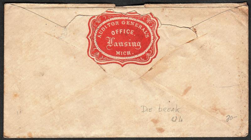 US #11 Die Break On Cover 1856 Lansing MI to Hartford CT