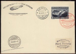 Graf Zeppelin 1931 Liechtenstein Treaty Vaduz Lausanne 2Fr Si110B Cover 100824