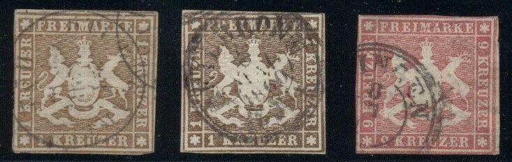 GERMAN STATES WURTTEMBERG #7,13,17, Used, 3 better values, VF, Scott $260.00