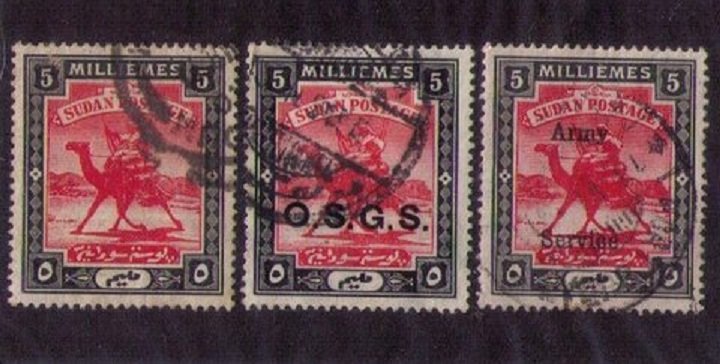 3 Ea Used SUDAN 5M Sc 71,and Sc M08 Army Service,and Sc O5 Overprint O.S.G.S. F-