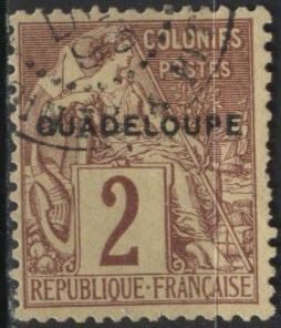 Guadeloupe 15 (used, rough edge r) 2c commerce, brn on buff paper, ovptd (1891)