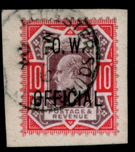 GB EDVII SG O40 SCARCE 10d dull purple & carm, FU. Cat £7000 ON PIECE. RPS CERT