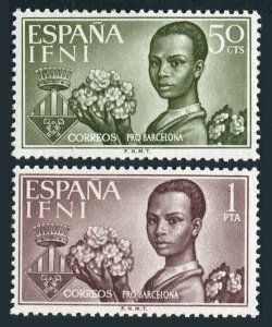 Ifni 114-115, MNH. Barcelona Flood relief, 1963. Child, Flowers, Arms.