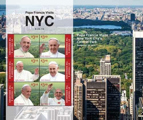 St. Vincent 2015 - Pope Francis Visits NYC, Central Park - Sheet of 6 Stamps MNH