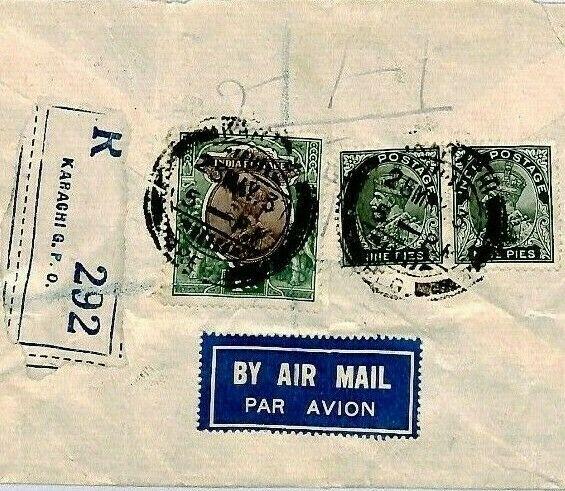 CS202 INDIA Karachi (Pakistan) Cover 1937 Registered Air Mail Cover {samwells}