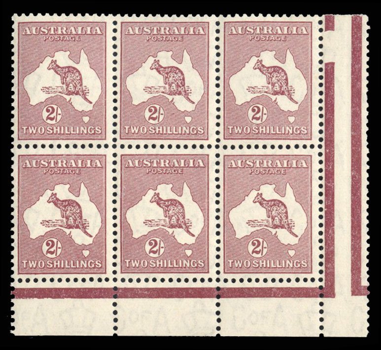 Australia #125 Cat$120+, 1931-36 2sh red brown, corner margin block of of six...