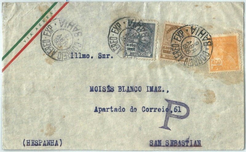 69189 - BRAZIL - POSTAL HISTORY - I7400 Reis on AIRMAIL COVER to SPAIN  1936