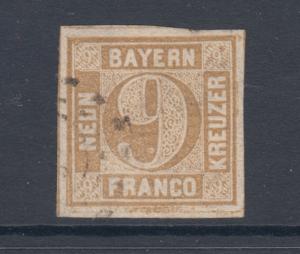 Bavaria Sc 12 used 1862 9kr bistre Numeral, 4 margins, F-VF