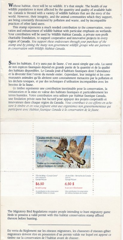 Canadian # FVH4, 2987 Wildlife Conservation Booklet with Mint NH Stamp