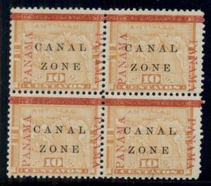 CANAL ZONE #13v 10¢ yellow, Block of 4, Panama 5mm below bar variety,