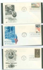 US 1248-50 1964 3 U/A FDCs, artcraft cachets, Nevada Centennial, register & vote, William Shakespeare