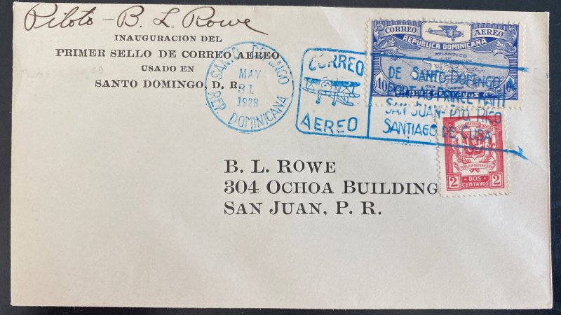 1928 Dominican Republic First Flight Airmail Cover FFC To San Juan Puerto Rico 