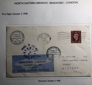 1938 Doncaster England First Flight Cover FFC To Croydon North Easter Airways