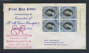 Bermuda 1953 QEII Coronation block of four on First Day Cover.