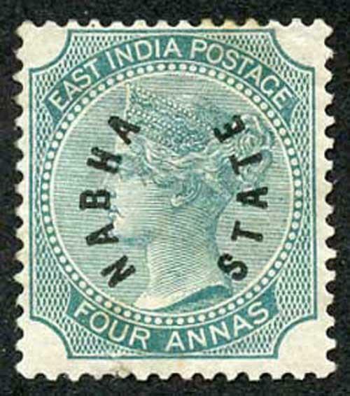 ICS NABHA SG4 4a Green Opt Type 1 Mint (grubby on reverse)