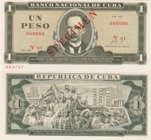 1972 Cuba  Jose Marti 1 Peso Specimen Crispy UNC