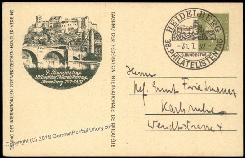 Germany 1932 Heidelberg Stamp Day Private Ganzsachen Postal Card Used Cove 68492