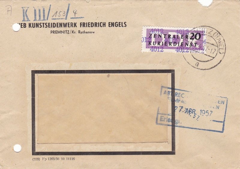 Germany DDR 1957 PREMNITZ (Havel) Cancel Central Courier Service Cover Ref 49047