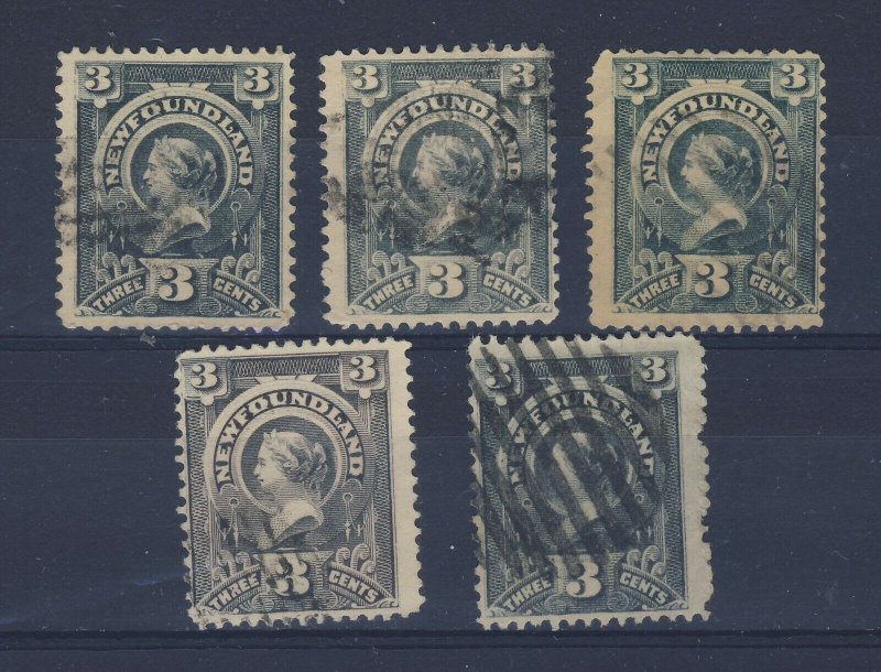 5x Newfoundland Queen Victoria Stamps #60-3c Many Shades/Colors