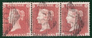 GB QV IRELAND Penny Red STRIP SG.17 1d Plate R5 (HG-HI) DUNDALK Numerals RBR106