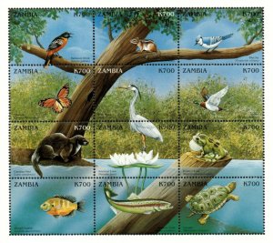 Zambia 1999 - River Birds, Turtle, Otter, and Frog - Sheet of 12 - Sc 828 - MNH